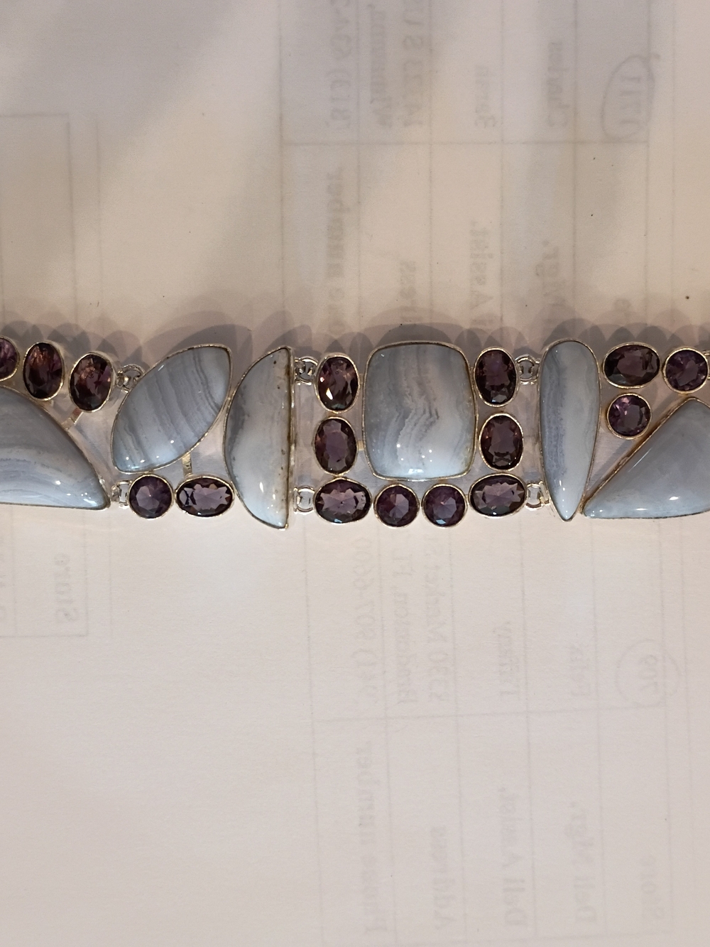 Silver-Tone Blue Periwinkle LaceAgate Stone Purple Stones Bracelet Hand Made